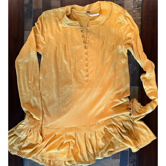 FREE PEOPLE Summer Struttin Mini Dress Sz XS Bell Cuff Waffle Ruffle Hem‎ Yellow - Picture 3 of 8